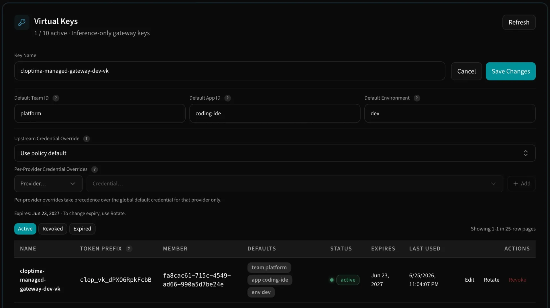 App-scoped virtual keys issued to applications