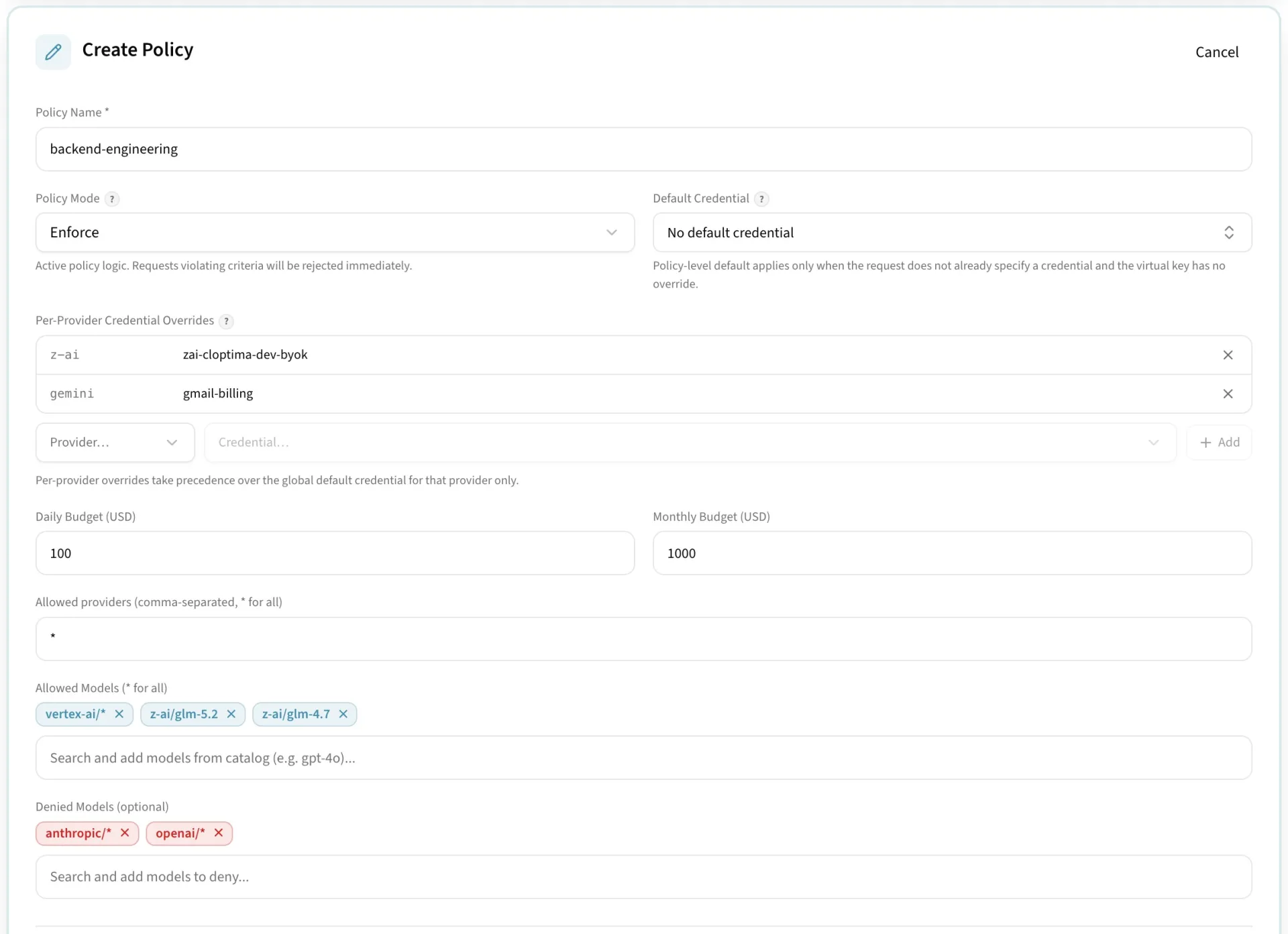 Gateway policies for providers, models, and spend